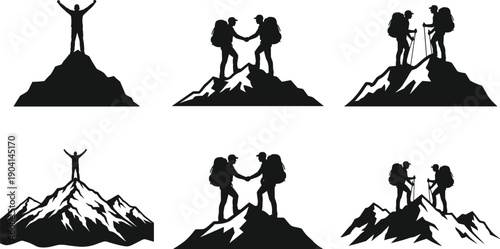 Set of Black Silhouette Mountaineer and Hiker Figures on Mountain Peak Including Success Celebration Handshake and Trekking for Outdoor Adventure Sport and Climbing Achievement Graphics