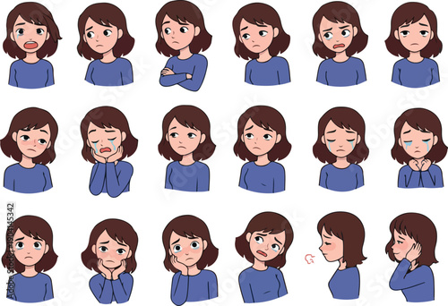 Pixel Art Woman Expressions Blue Shirt Cute Cartoon Character