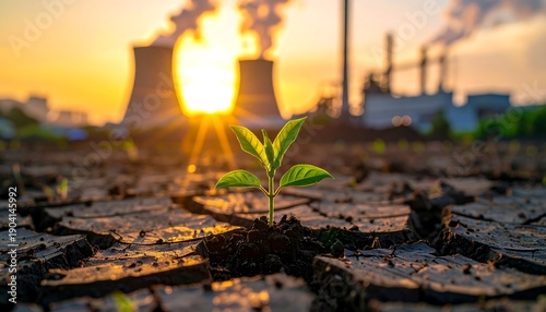 A small green plant sprouts from dry earth. Behind it, a power plant emits smoke with the sun setting, creating a contrast