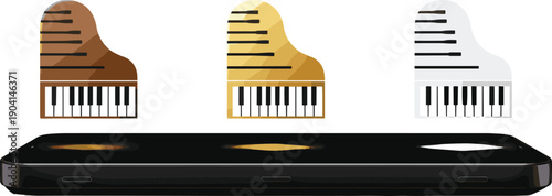 Digital Piano Learning Concept Illustration Showing Virtual Grand Piano Icons on Smartphone Screen, Online Music Education, Practice App, and Modern Technology Integration