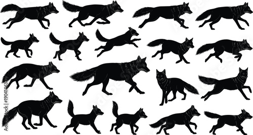 WebBlack vector silhouette set of wild foxes and wolves running for concepts of nature wilderness hunting mascot and branding