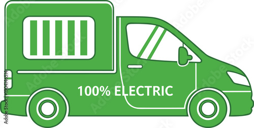 Green electric delivery van illustration with battery icon and eco friendly transport concept, zero emission vehicle isolated on white background
