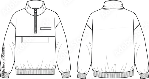 Men’s fashion technical vector illustration of pullover jacket front and back view, partial zipper closure, high collar, chest pocket, kangaroo pocket, ribbed cuffs, ribbed hem