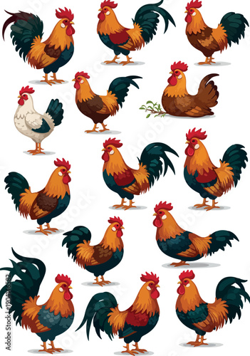 Rooster Collection Pixel Art Isolated Chicken Farm Bird Vector