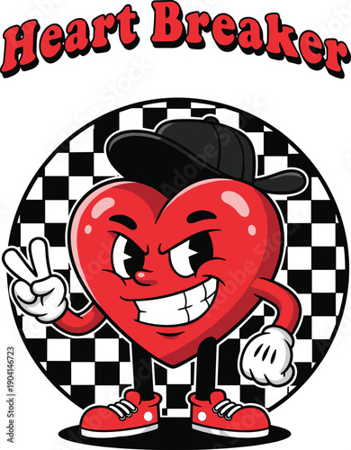 Heart breaker cartoon character illustration with mischievous red heart mascot, street style attitude, bold typography, and playful pop art design concept