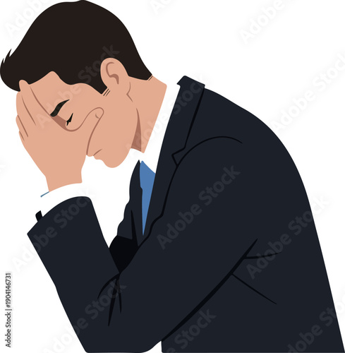 Sad Businessman Facepalm in Dark Suit Blue Tie Isolated Minimal Illustration