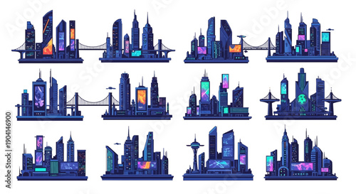 City skylines with modern buildings and bridges