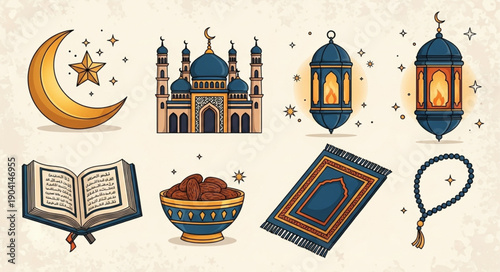 Ramadan Kareem Islamic symbols and elements collection.