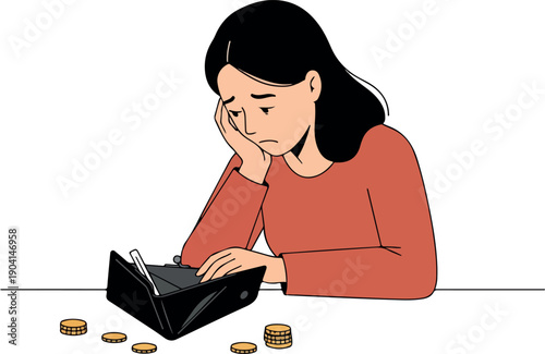Sad Woman Empty Wallet With Few Coins Flat Design Vector Illustration