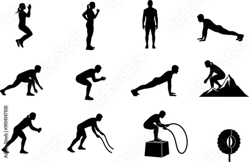 A collection of 12 black silhouette icons depicting various exercise and workout poses