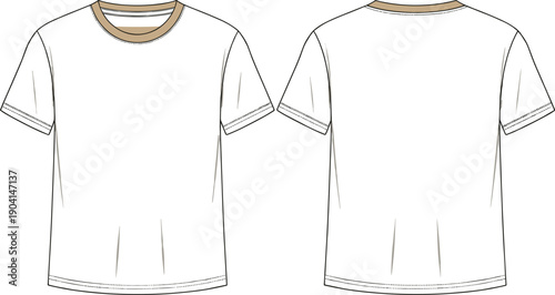 Men’s fashion technical vector illustration of short-sleeve t-shirt front and back view, crew neckline, ribbed collar, double-stitched hem, plain body, seam details