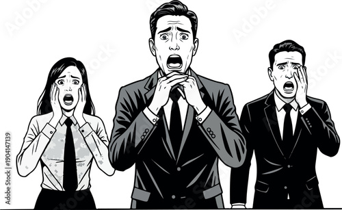 Scared Business People Team Fear Shocked Expression White Background Minimal Illustration