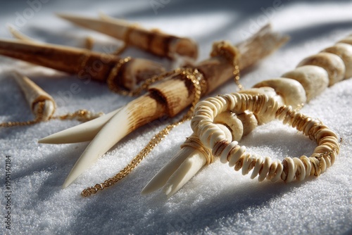 Minimal Winter Still Life of Carved Bone Jewelry with Natural Light
