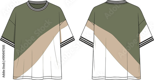 Men’s fashion technical vector illustration of short-sleeve t-shirt front and back view, crew neckline, striped ribbed collar, striped sleeve cuffs, diagonal color block design
