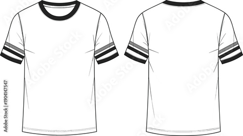 Men’s fashion technical vector illustration of short-sleeve t-shirt front and back view, crew neckline, striped sleeve accents, black collar, stitching details, clean design