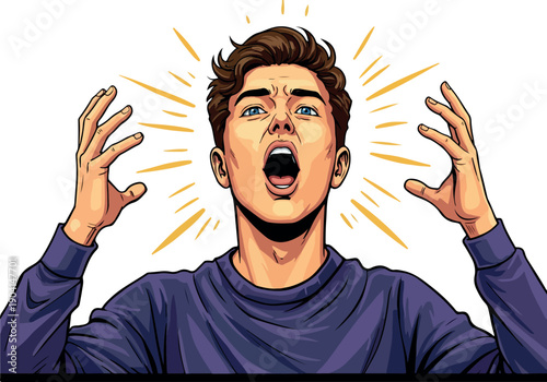 Pixel Art Man Shouting Angrily With Outstretched Hands Yellow Rays