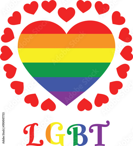 Rainbow heart with LGBT lettering illustration symbolizing pride, diversity, inclusion, equality, love, acceptance, human rights, community support, and colorful identity celebration concept