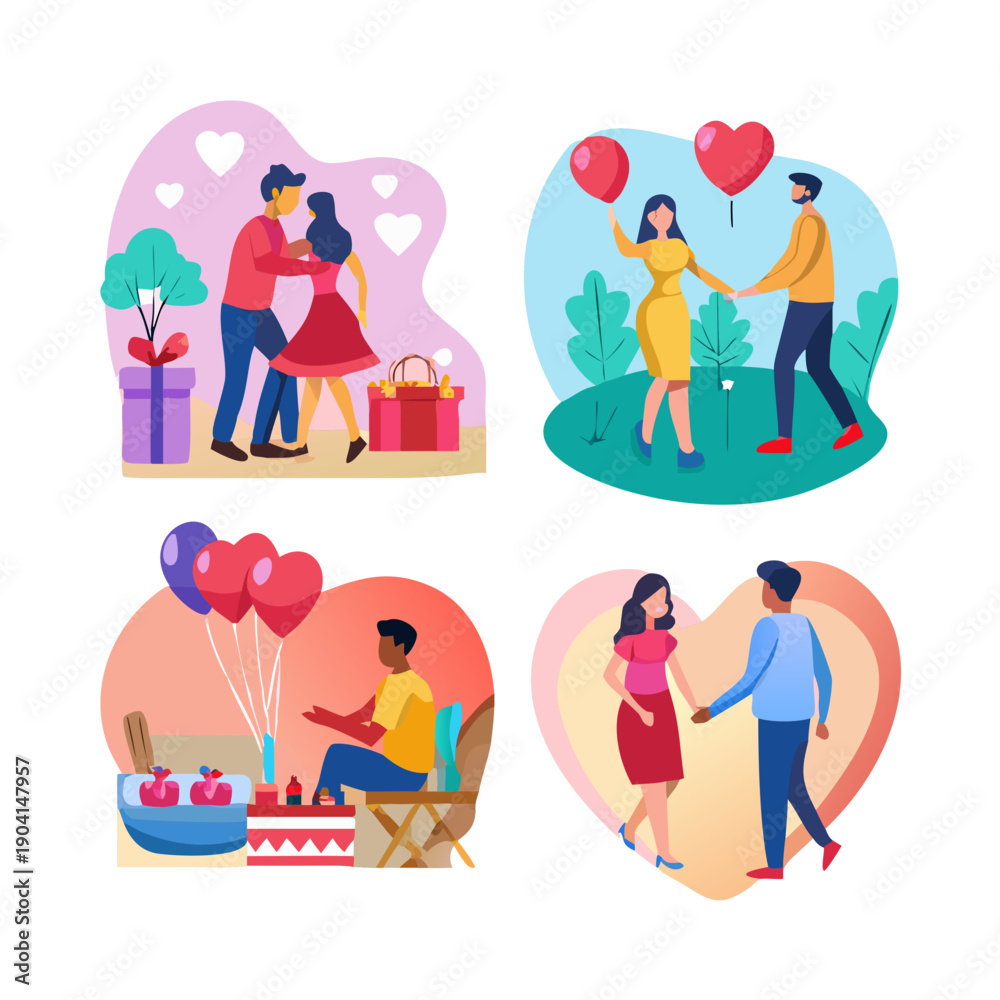 Fototapeta premium Valentine’s Day romantic silhouette couple illustration set, lovers with hearts balloons gifts picnic scenes, modern flat vector style