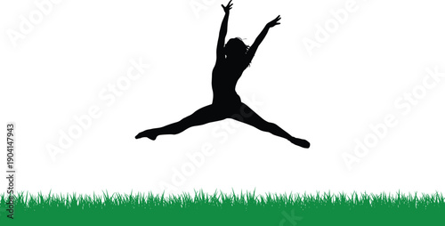 Silhouette of jumping dancer performing split leap over green grass, dynamic movement and freedom concept illustration isolated on white background