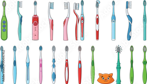 Set of colorful toothbrush illustrations including manual and electric designs, showcasing oral hygiene tools, dental care products, daily cleaning routine, and modern healthcare concept