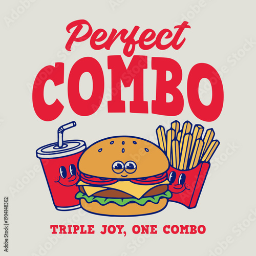 A cartoon retro-style illustration featuring a classic burger, french fries and soda combo, perfect for T-shirt printing and vintage-themed merchandise	