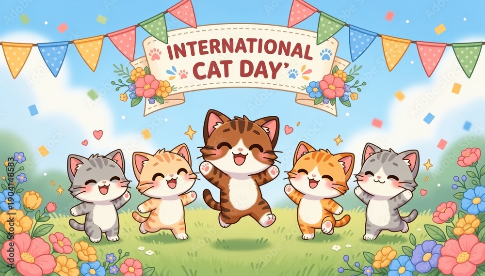 Fototapeta premium International Cat Day Celebration: a vibrant illustration showcasing a heartwarming celebration of International Cat Day, featuring a group of cute, playful kittens in a cheerful.