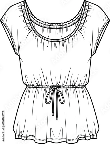 Women’s fashion technical vector illustration of blouse front and back view, round neckline, short sleeves, gathered waist, drawstring tie, peplum hem, stitching details