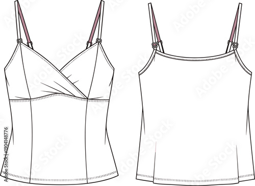 Women’s fashion technical vector illustration of camisole top front and back view, wrap-style bodice, gathered detailing, adjustable straps, vertical seams, topstitching details