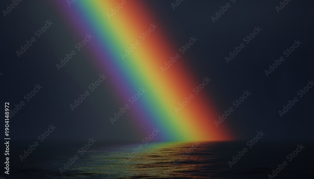 Obraz premium Rainbow over the Ocean: A vibrant rainbow arcs gracefully across the sky, its colorful bands reflected on the tranquil surface of the ocean. The scene evokes a sense of wonder and serenity. 