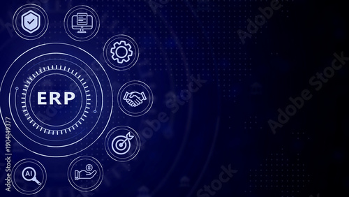 Enterprise Resource Planning ERP system concept with digital and HUD interface on a dark blue background with glowing dots and subtle grid patterns representing data and technology integration