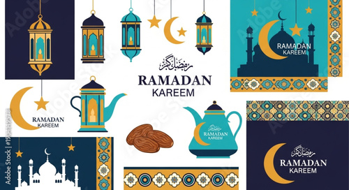 Ramadan Kareem Islamic holiday celebration elements collection.