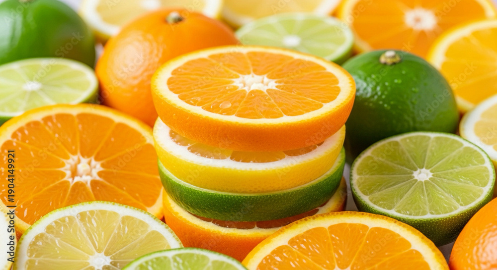 Fototapeta premium Creative stack of fresh citrus slices including orange, lemon, and lime showcasing vibrant colors and natural gradient composition.