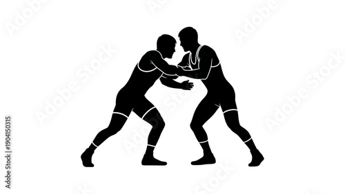 Wrestlers Engaged in Intense Match Silhouette Vector Illustration