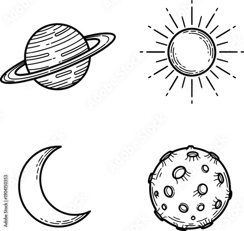 Celestial bodies illustrated in a vintage style drawing Vector