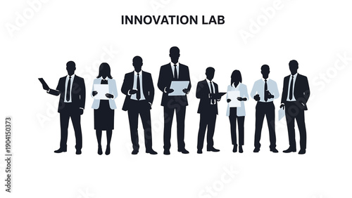 Business Professionals in Innovation Lab Silhouette Vector Illustration