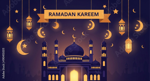 Ramadan Kareem Islamic Mosque Crescent Moon Lanterns Celebration.