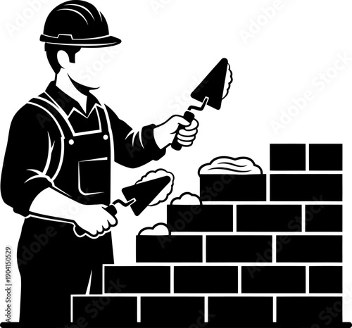 A construction worker is building a brick wall with a trowel and mortar. Vector