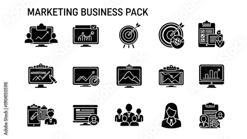 Marketing Business Icons Pack with Charts and Targets vector illustration