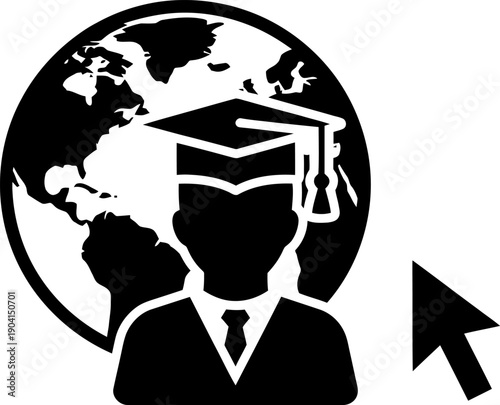 Graduate with globe and pointer symbolizing global education opportunities. Vector