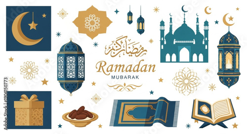 Ramadan Kareem Islamic Holiday Symbols and Decorations.