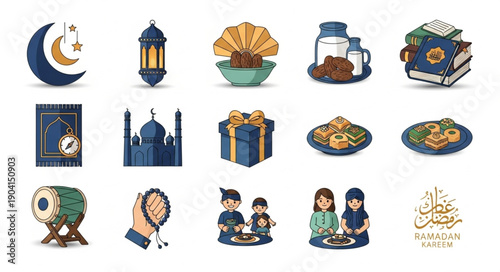 Ramadan Kareem Islamic Holiday Icons Collection.