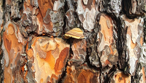 Close-up of Pine Tree Bark with a Small Mushroom Growing.
