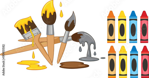 Cartoon paint brushes and colorful crayons art supplies creative vector illustration set