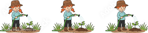 Cute cartoon child watering plants in garden happy kid gardening activity vector illustration set