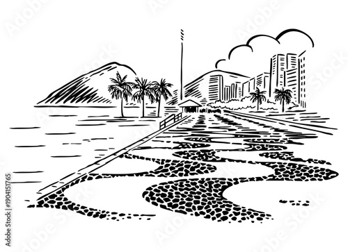 Hand-drawn illustration of a coastal landscape in the city of Rio de Janeiro, Brazil.