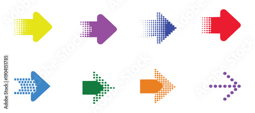 Arrows dots. dot arrow vector set. points arrow collection of direction arrows. isolated icon.Halftone arrow icons set colorful dotted direction symbols.