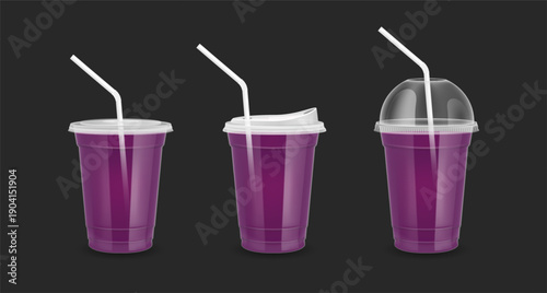 Mockup fruit juice in plastic cup transparent. Glass with Flat lid Dome lid Sip lid straw tube. Purple red water for design drink menu restaurants. Collection packaging drink 3D Realistic vector.