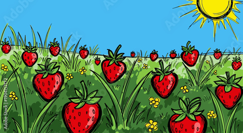 A vibrant cartoon illustration of a sunny field filled with ripe strawberries and green grass.