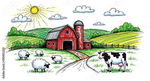 A vibrant hand-drawn sketch of a picturesque farm scene with a red barn, silo, green rolling hills, sheep, and a cow under a sunny sky.