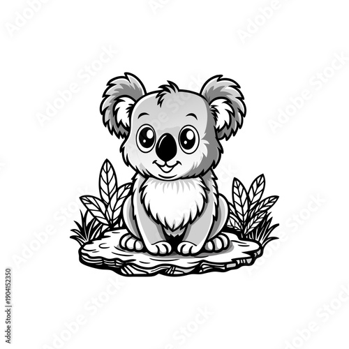 A cute, fluffy cartoon koala bear sits on a rock surrounded by green leaves, with a friendly smile and big, expressive eyes.